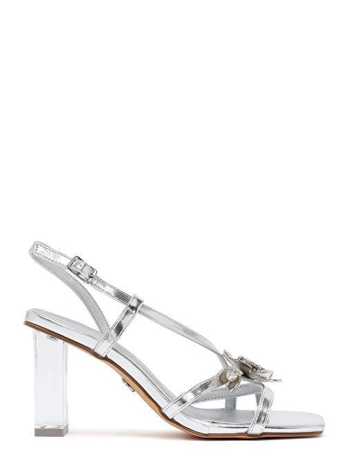 Kadın Gümüş Bilekten Tokalı Kalın Topuklu Metalik Sandalet 25SFD442632 - Görsel 2