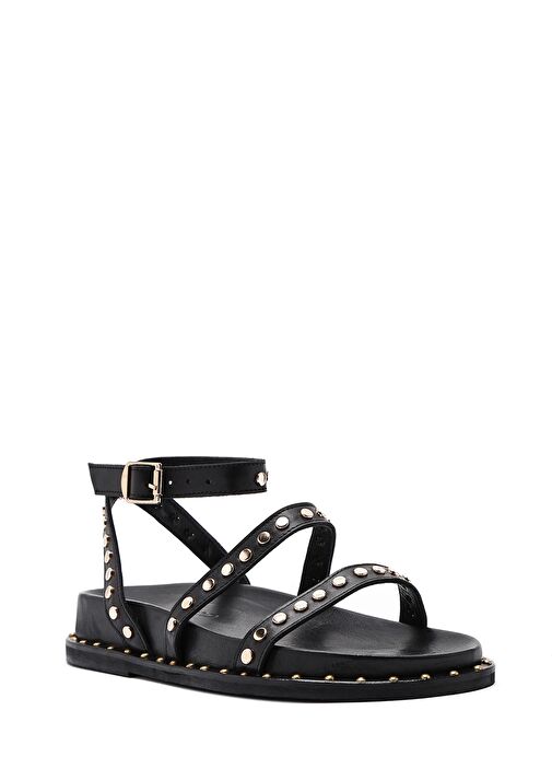 Kadın Siyah Bilekten Bağlamalı Metal Detaylı Deri Sandalet 25SFD270318 - Görsel 7