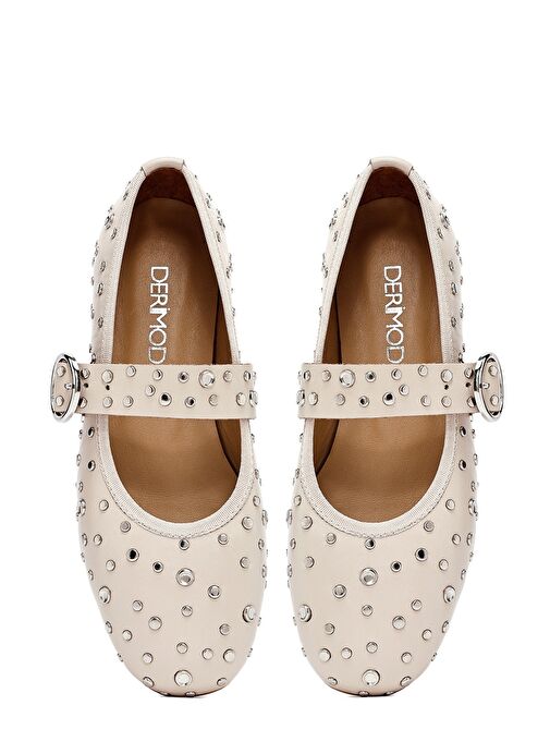 Kadın Bej Tokalı Taşlı Deri Babet 25SFD270718 - Görsel 8