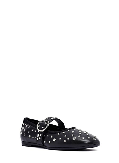 Kadın Siyah Tokalı Taşlı Deri Babet 25SFD270718 - Görsel 7