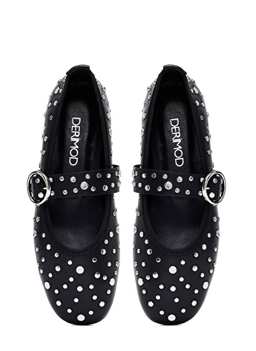 Kadın Siyah Tokalı Taşlı Deri Babet 25SFD270718 - Görsel 8