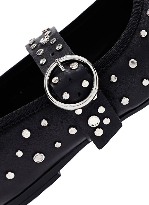 Kadın Siyah Tokalı Taşlı Deri Babet 25SFD270718 - Görsel 9