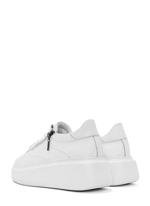 Kadın Beyaz Fermuarlı Bağcıklı Kalın Tabanlı Deri Sneaker 25SFD511118 - Görsel 6