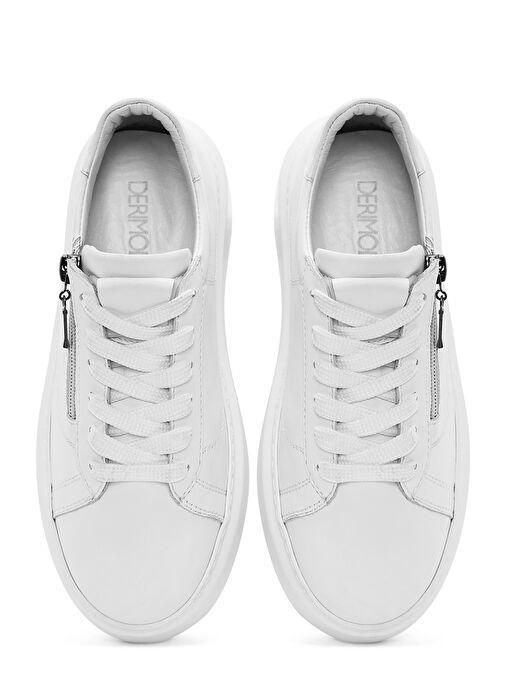 Kadın Beyaz Fermuarlı Bağcıklı Kalın Tabanlı Deri Sneaker 25SFD511118 - Görsel 7
