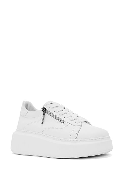 Kadın Beyaz Fermuarlı Bağcıklı Kalın Tabanlı Deri Sneaker 25SFD511118 - Görsel 8