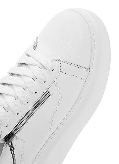 Kadın Beyaz Fermuarlı Bağcıklı Kalın Tabanlı Deri Sneaker 25SFD511118 - Görsel 9