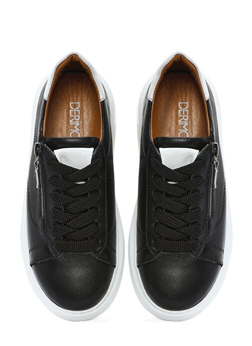 Kadın Siyah Fermuarlı Bağcıklı Kalın Tabanlı Deri Sneaker 25SFD511118 - Görsel 7