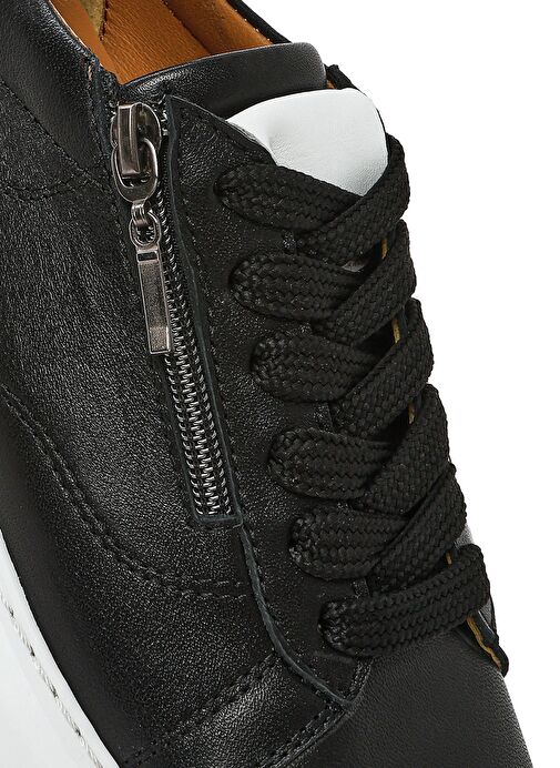 Kadın Siyah Fermuarlı Bağcıklı Kalın Tabanlı Deri Sneaker 25SFD511118 - Görsel 9