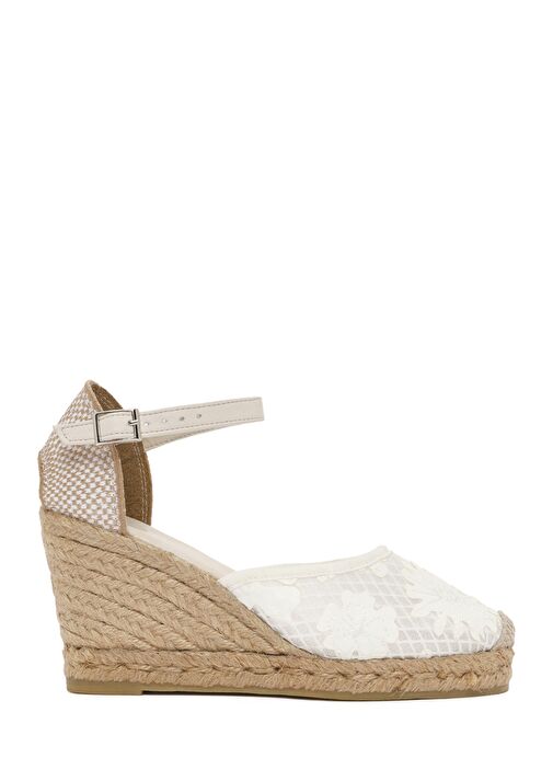 Kadın Krem Bilekten Bantlı Desenli Dolgu Topuklu Espadril 25SFD20756F - Görsel 2