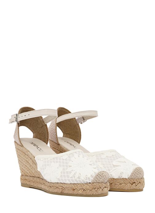 Kadın Krem Bilekten Bantlı Desenli Dolgu Topuklu Espadril 25SFD20756F - Görsel 4
