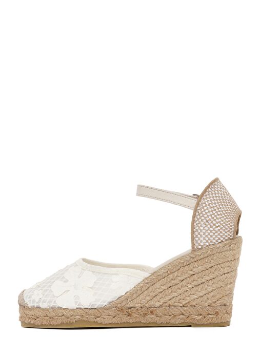 Kadın Krem Bilekten Bantlı Desenli Dolgu Topuklu Espadril 25SFD20756F - Görsel 5