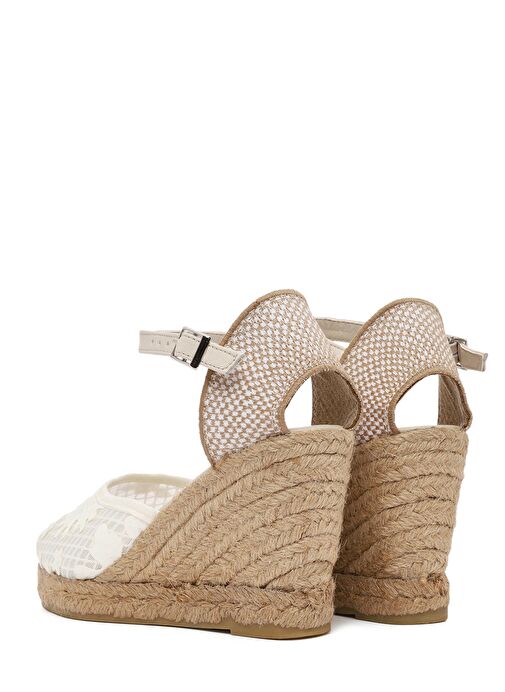 Kadın Krem Bilekten Bantlı Desenli Dolgu Topuklu Espadril 25SFD20756F - Görsel 7