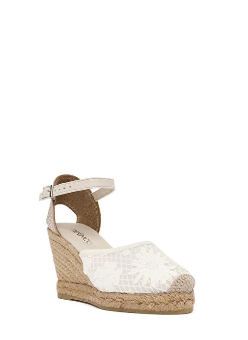 Kadın Krem Bilekten Bantlı Desenli Dolgu Topuklu Espadril 25SFD20756F - Görsel 8