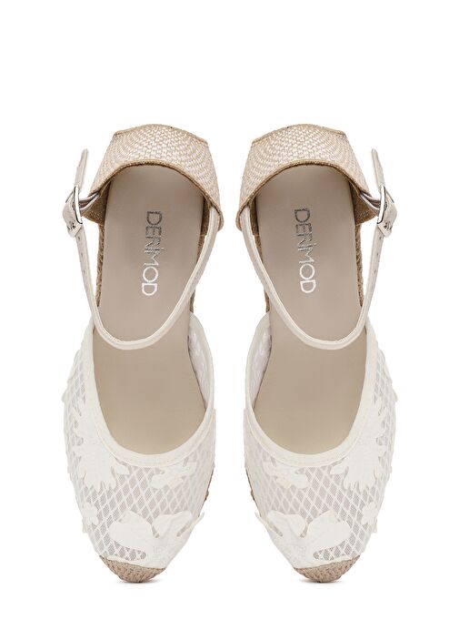 Kadın Krem Bilekten Bantlı Desenli Dolgu Topuklu Espadril 25SFD20756F - Görsel 9