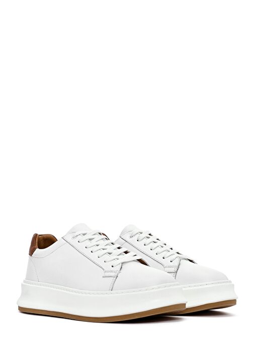 Erkek Beyaz Bağcıklı Kalın Tabanlı Deri Sneaker 25SFD675118 - Görsel 4