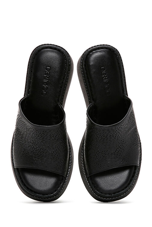 Kadın Siyah Kalın Tabanlı Baskılı Deri Comfort Terlik 25SFD340026 - Görsel 7