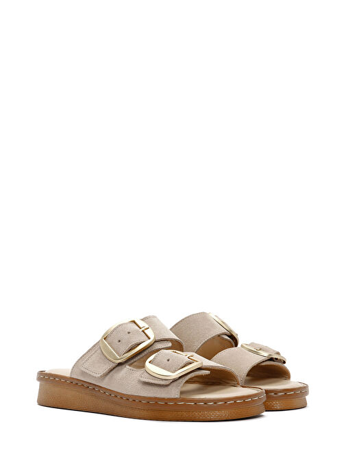 Kadın Bej Tokalı Süet Deri Comfort Terlik 25SFD340110 - Görsel 4