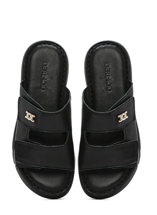 Kadın Siyah Çift Bantlı Deri Comfort Terlik 25SFD341218 - Görsel 8