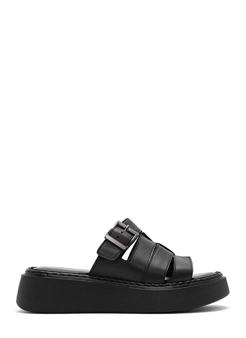 Kadın Siyah Tokalı Kalın Tabanlı Deri Comfort Terlik 25SFD341318 - Görsel 2