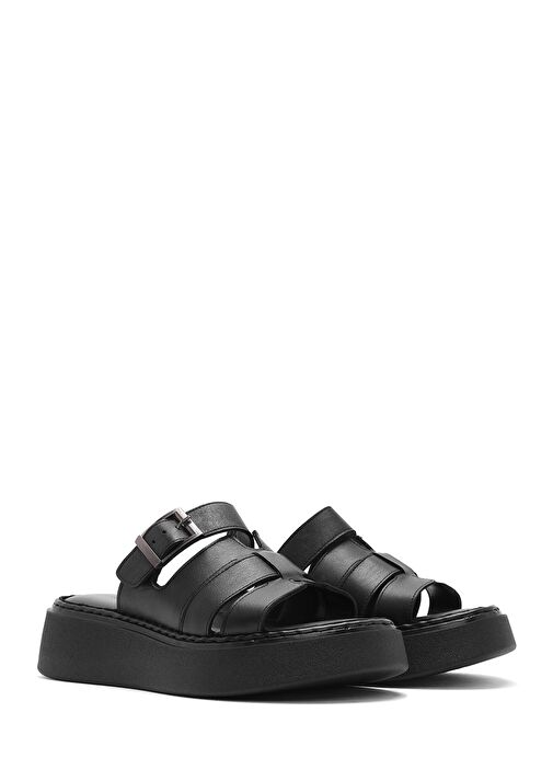 Kadın Siyah Tokalı Kalın Tabanlı Deri Comfort Terlik 25SFD341318 - Görsel 4