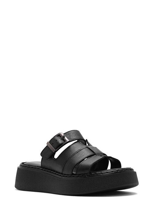 Kadın Siyah Tokalı Kalın Tabanlı Deri Comfort Terlik 25SFD341318 - Görsel 7