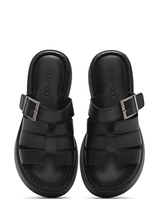 Kadın Siyah Tokalı Kalın Tabanlı Deri Comfort Terlik 25SFD341318 - Görsel 8