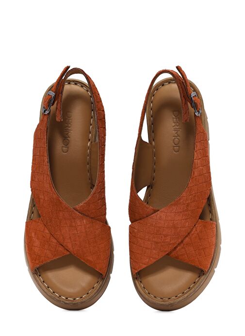 Kadın Taba Bilekten Tokalı Dolgu Topuklu Deri Comfort Sandalet 25SFD341810 - Görsel 8