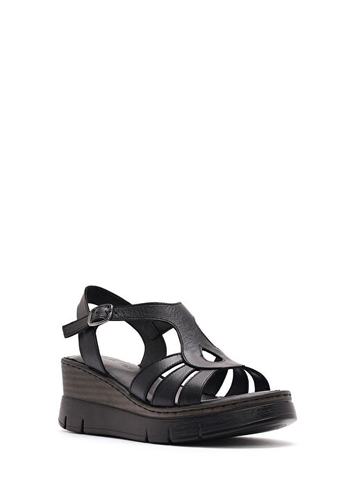 Kadın Siyah Bilekten Bantlı Dolgu Topuklu Deri Comfort Sandalet 25SFD341918 - Görsel 7
