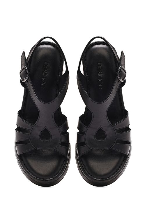 Kadın Siyah Bilekten Bantlı Dolgu Topuklu Deri Comfort Sandalet 25SFD341918 - Görsel 8