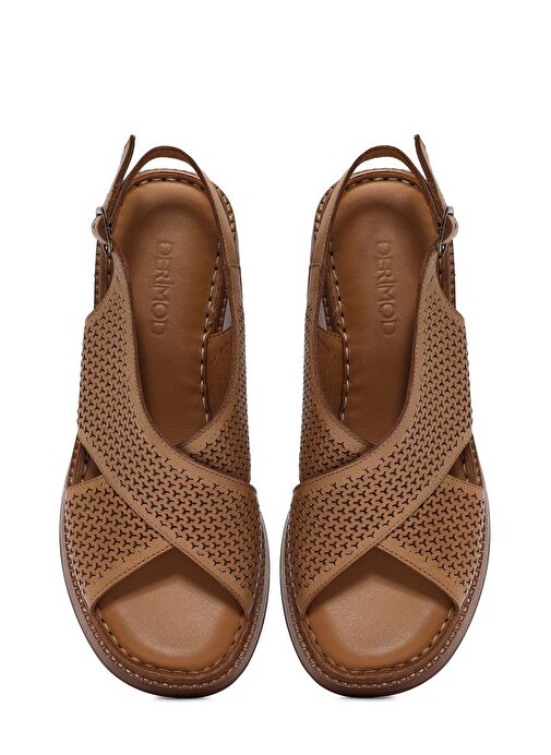 Kadın Taba Bilekten Bağlamalı Baskılı Dolgu Topuklu Deri Comfort Sandalet 25SFD342126 - Görsel 9