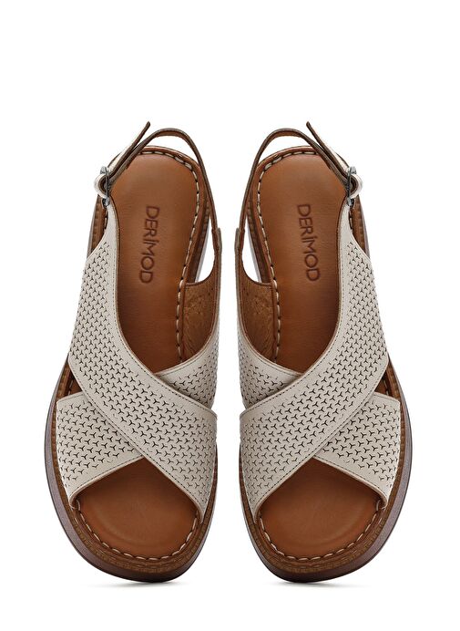 Kadın Krem Bilekten Bağlamalı Baskılı Dolgu Topuklu Deri Comfort Sandalet 25SFD342126 - Görsel 9