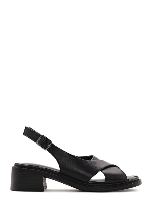 Kadın Siyah Bilekten Tokalı Kısa Topuklu Deri Sandalet 25SFD342818 - Görsel 2