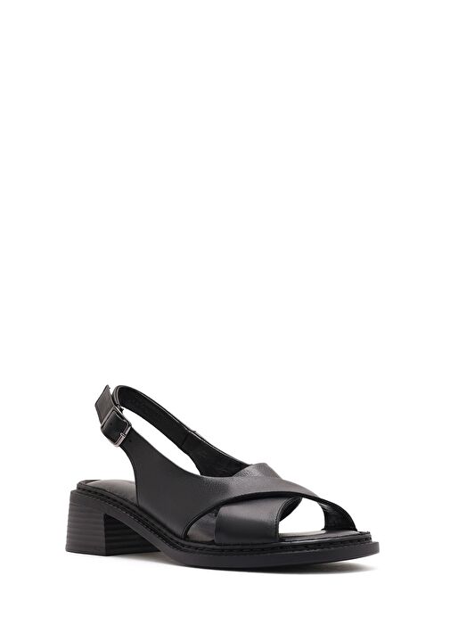 Kadın Siyah Bilekten Tokalı Kısa Topuklu Deri Sandalet 25SFD342818 - Görsel 7