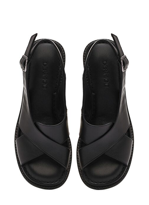 Kadın Siyah Bilekten Tokalı Kısa Topuklu Deri Sandalet 25SFD342818 - Görsel 8
