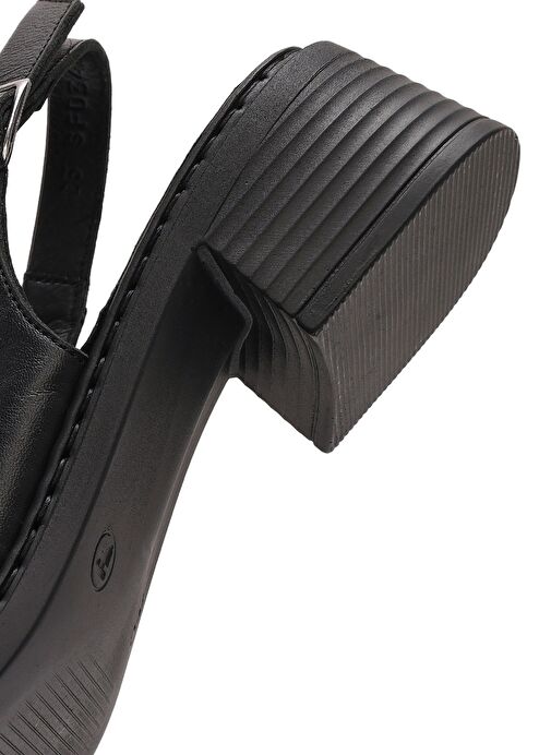 Kadın Siyah Bilekten Tokalı Kısa Topuklu Deri Sandalet 25SFD342818 - Görsel 9