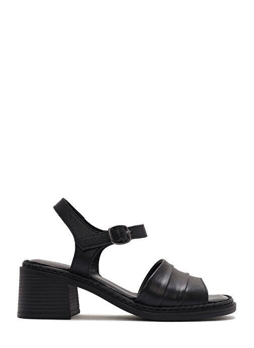 Kadın Siyah Bilekten Bağlamalı Kalın Topuklu Deri Sandalet 25SFD342918 - Görsel 2