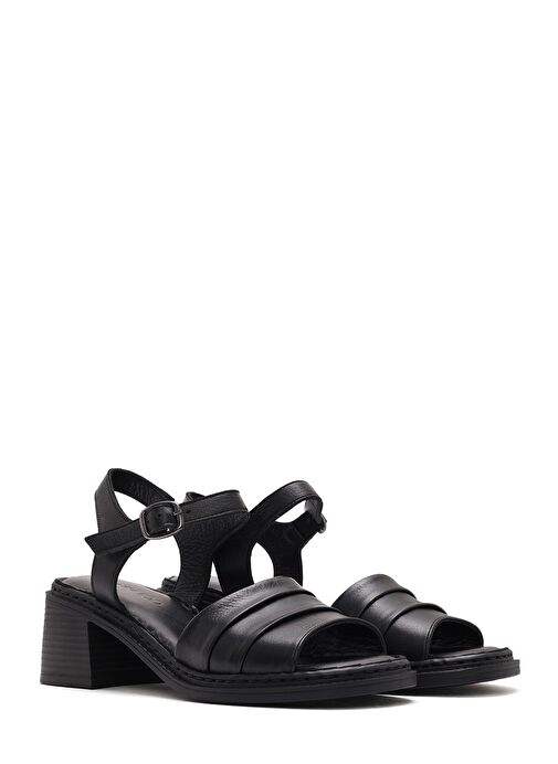 Kadın Siyah Bilekten Bağlamalı Kalın Topuklu Deri Sandalet 25SFD342918 - Görsel 4