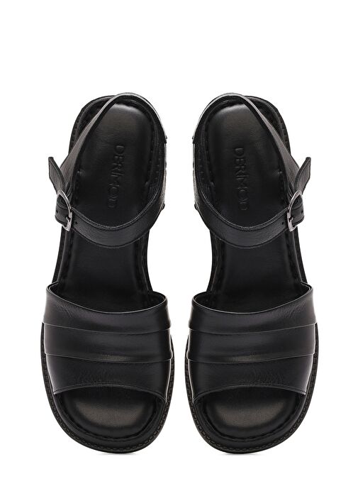 Kadın Siyah Bilekten Bağlamalı Kalın Topuklu Deri Sandalet 25SFD342918 - Görsel 9