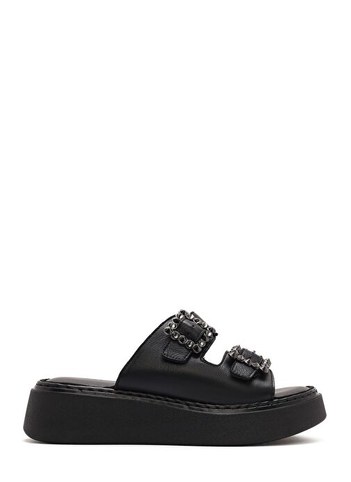 Kadın Siyah Çift Tokalı Kalın Tabanlı Deri Comfort Terlik 25SFD341518 - Görsel 2