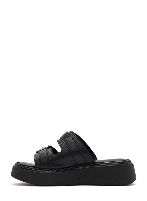 Kadın Siyah Çift Tokalı Kalın Tabanlı Deri Comfort Terlik 25SFD341518 - Görsel 3