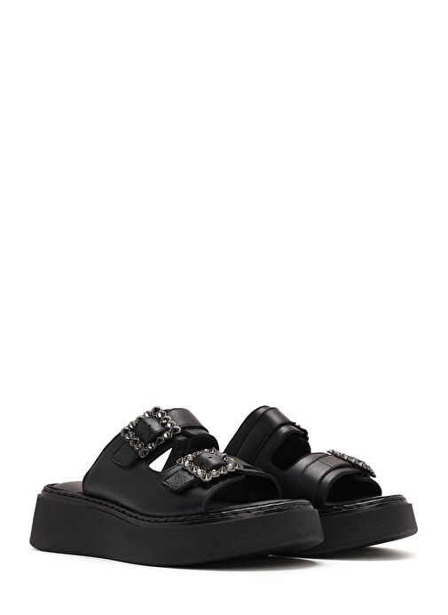 Kadın Siyah Çift Tokalı Kalın Tabanlı Deri Comfort Terlik 25SFD341518 - Görsel 4