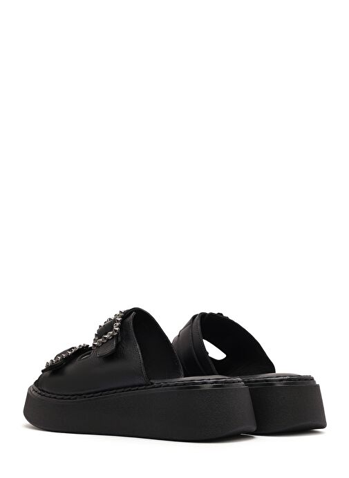 Kadın Siyah Çift Tokalı Kalın Tabanlı Deri Comfort Terlik 25SFD341518 - Görsel 6