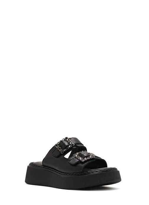 Kadın Siyah Çift Tokalı Kalın Tabanlı Deri Comfort Terlik 25SFD341518 - Görsel 7