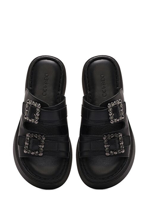 Kadın Siyah Çift Tokalı Kalın Tabanlı Deri Comfort Terlik 25SFD341518 - Görsel 8