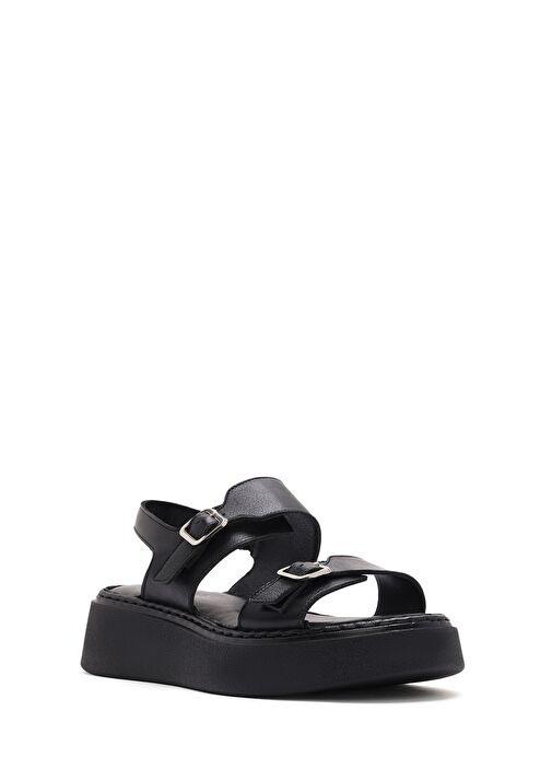 Kadın Siyah Tokalı Kalın Tabanlı Deri Comfort Sandalet 25SFD342418 - Görsel 7