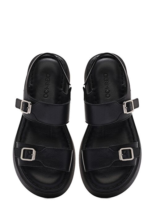 Kadın Siyah Tokalı Kalın Tabanlı Deri Comfort Sandalet 25SFD342418 - Görsel 8