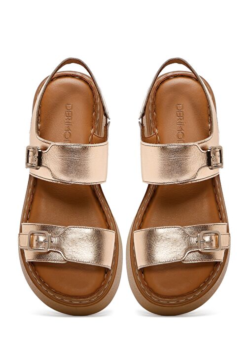 Kadın Bronz Tokalı Kalın Tabanlı Metalik Deri Comfort Sandalet 25SFD342432 - Görsel 8