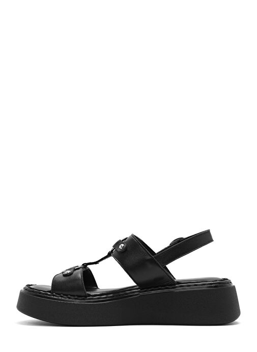 Kadın Siyah Bilekten Tokalı Kalın Tabanlı Deri Comfort Sandalet 25SFD342518 - Görsel 3