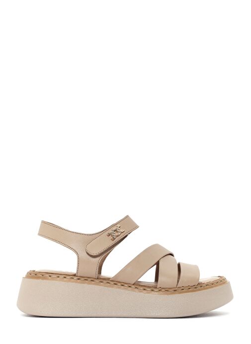 Kadın Bej Bilekten Bağlamalı Kalın Tabanlı Deri Comfort Sandalet 25SFD342718 - Görsel 2