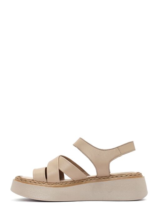 Kadın Bej Bilekten Bağlamalı Kalın Tabanlı Deri Comfort Sandalet 25SFD342718 - Görsel 3